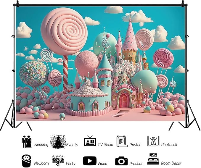 5x3ft Candyland Backdrop Fantasy Pink Sweet Candy Castle Photography Background Children's Birthday Party Candyland Theme Decorations Banner Photo Studio Props