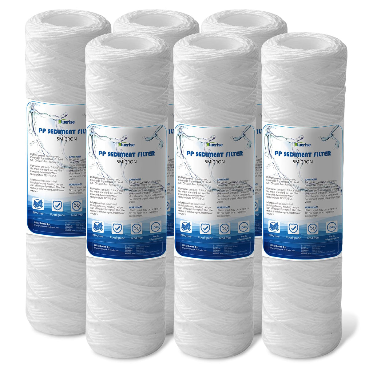 BLUERISE 5 Micron 10" x 2.5" Wire Wound Sediment Filter Cartridge 6-Pack