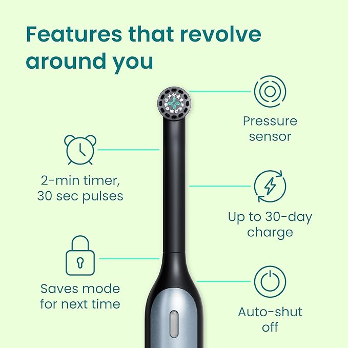 Quip Rev 360 Oscillating Rechargeable Electric Toothbrush with Extra Brush Head - Soft Bristles, Pressure Sensor, 3 Intensities, 30-Day Battery, 2-Min Timer, Travel Case, Mirror Mount - Blue Stone
