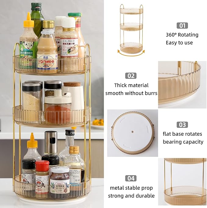 360 Rotating Makeup Organizer for Vanity, Bathroom Countertop Spinning Perfume Organizer, High-Capacity Cosmetic and Skincare Dresser Make Up Holder Rack (3 Tiers, Yellow)