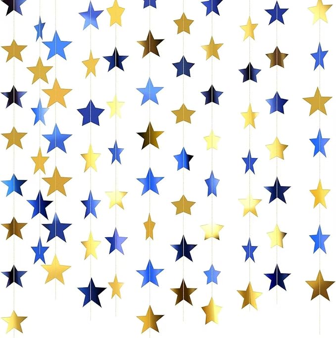 Gold Blue Glitter Star Garland Hanging Decorations, Streamer Bunting Banner Decorations,65 Feet, Twinkle Star Backdrop for Graduation, Birthday, Wedding, Christmas Party, New Year (Gold Blue)