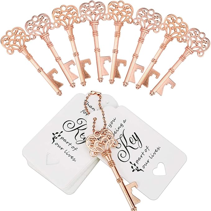WODEGIFT 100 PCS Wedding Favors Bottle Opener,Vintage Skeleton Key Bottle Opener,Key Bottle Openers with Escort Tag Cards and Key Chains Wedding Gifts for Guest（Rose Gold）