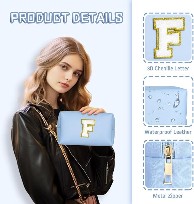 TOPEAST Initial Makeup Bags for Women, Personalized Portable Cosmetic Bag for Travel, Cute Makeup Pouch, PU Leather Waterproof Toiletry Bag, Preppy Things for Girl (Sky Blue V)