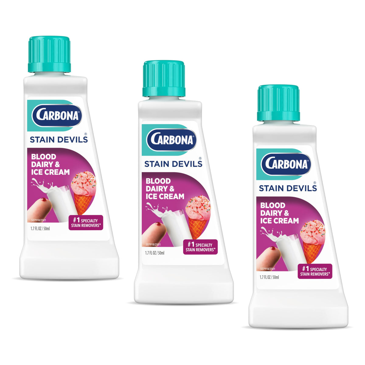 Carbona Stain Devils® #4 | Blood, Dairy & Ice Cream | Professional Strength Laundry Stain Remover | Multi-Fabric Cleaner | Safe On Skin & Washable Fabrics | 1.7 Fl Oz, 3 Pack