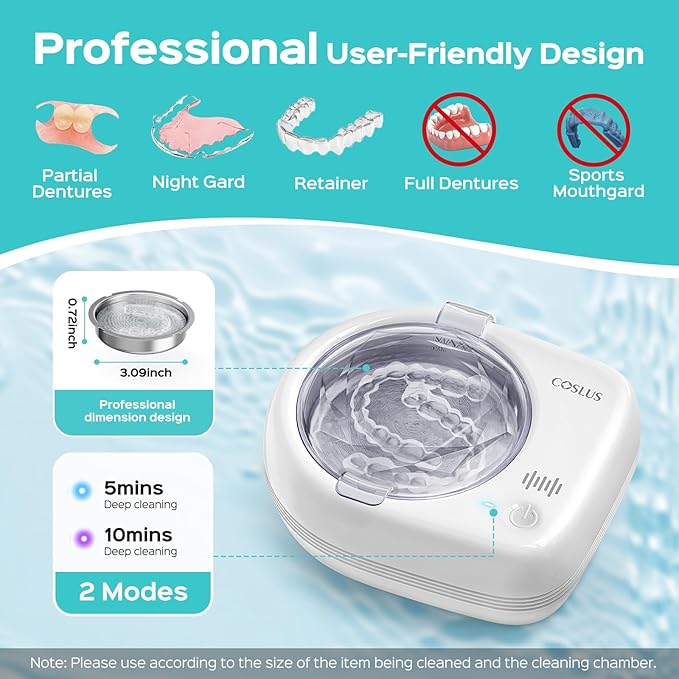 COSLUS Sonic Retainer Cleaner Machine: Cordless Professional Dental Cleaning Pod for Retainer, Aligner, Night Guard Deep Cleaning - Rechargeable Mini Travel Design, Quiet for Home Use with Timer
