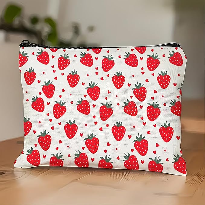 GRITOSE Cute Makeup Bag Strawberry Cosmetic Bag Summer Workday Toiletry Bags Accessories for Women Girls Friends Sisters Coworkers,Aesthetic Makeup Pouch with Zipper