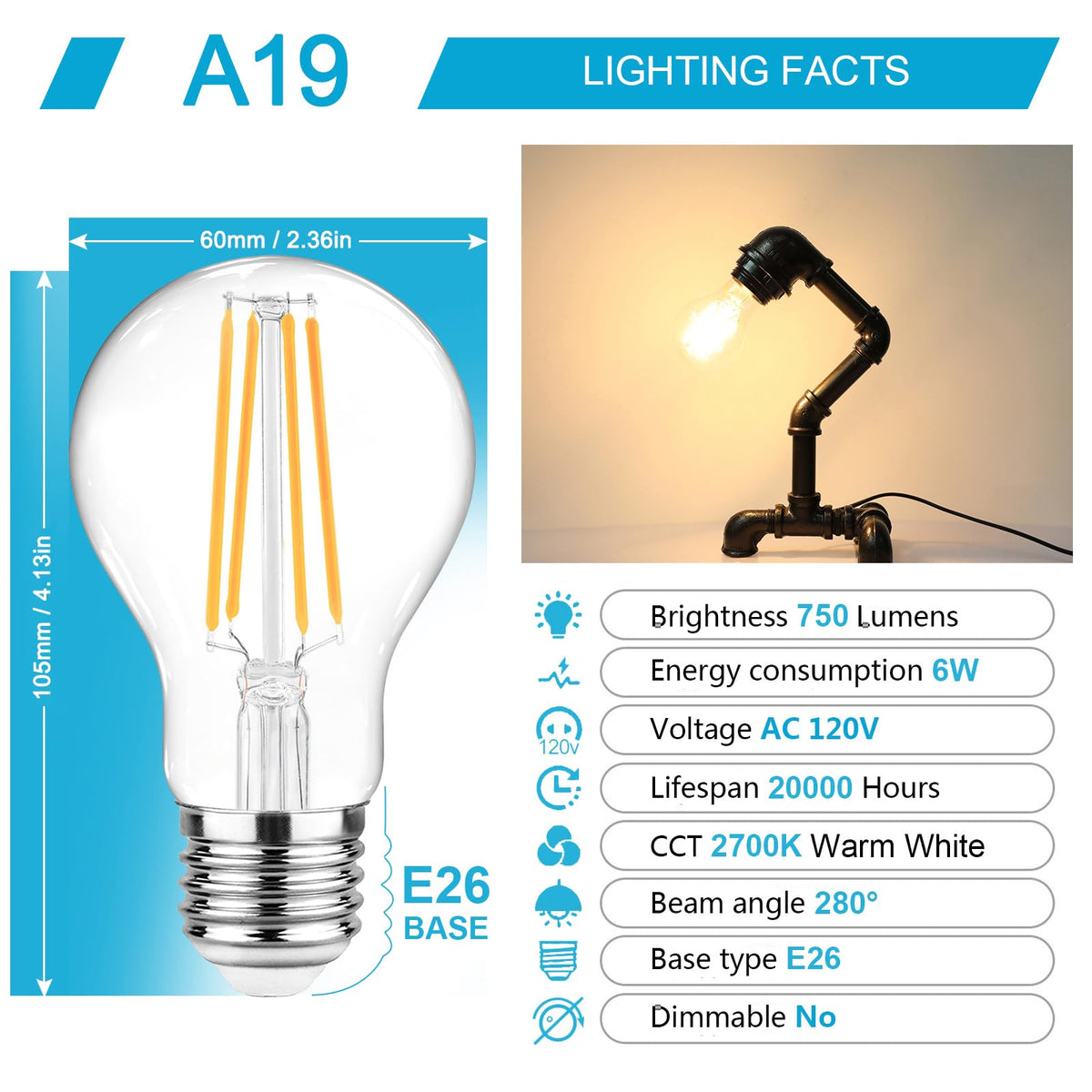 Ascher 60 Watt Equivalent, E26 LED Filament Light Bulbs, Warm White 2700K, Non-Dimmable, Classic Clear Glass, A19 LED Light Bulb with 80 CRI, Pack of 6