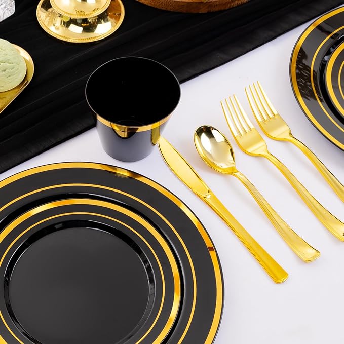 WELLIFE 300 PCS Black and Gold Dinnerware Set for 50 Guests, Disposable Plastic Plates for Party, Gold rimmed Plastic Dinner Plates,Salad Plates,Cups,Silverware Set for Halloween Party Supplies