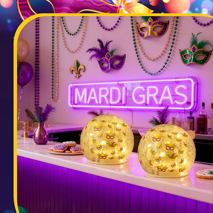 2 Pcs Mardi Gras Crackle Glass Globe Decor 4" Carnival Ball Lamp Night Lights with LED Timer Battery Operated Lighted Decorative for Bedroom Living Room Kitchen Garden Table Centerpiece Gift