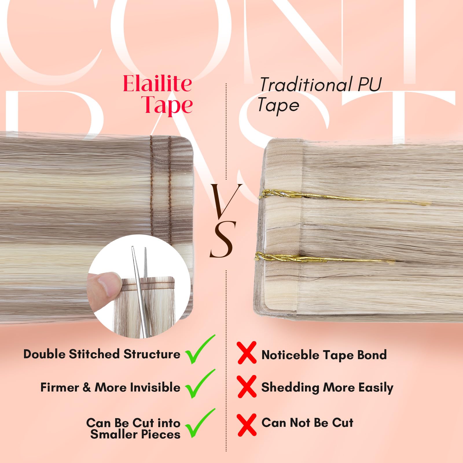 Elailite Tape in Hair Extensions Human Hair Thick Real Remy Hairpieces Ash Blonde & Bleach Blonde 14 Inch 40g 20pcs Straight Invisible Seamless Skin Weft Best Tape for Women