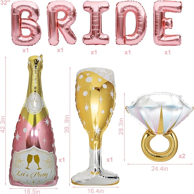 9 Pcs Bride Balloons, Huge Rose Gold Champagne Bottle Goblet Aluminum Foil Balloons for Birthday, Bachelorette, Bridal Shower, Wedding, Anniversary, Engagement Party Decorations Supplies