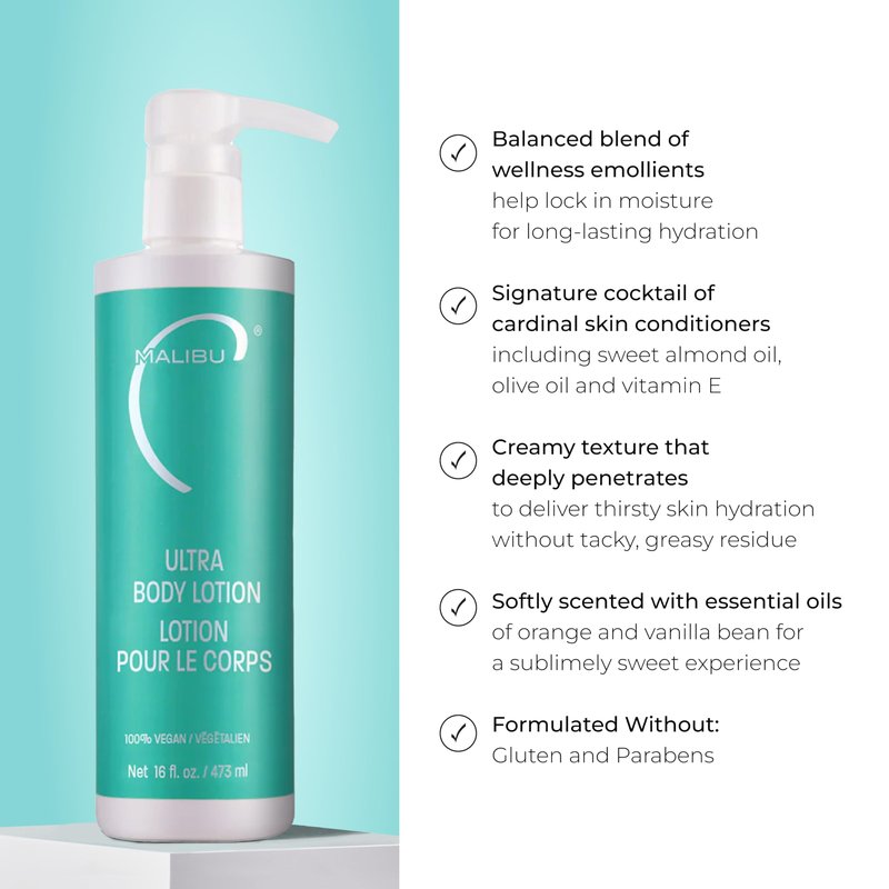 Malibu C Ultra Body Lotion - Hydrating Lotion for Extremely Dry Skin - Delivers Weightless Moisture & Radiant Glow - Safe for All Skin Types (16 fl oz)