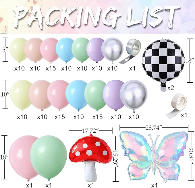 Fairy Wonderland Balloon Arch Kit,163Pcs Pastel Rainbow Balloon Garland with Iridescent Butterfly,Mushroom,Chessboard Foil Balloons for Alice Princess Birthday Onederland Garden Tea Party Decorations