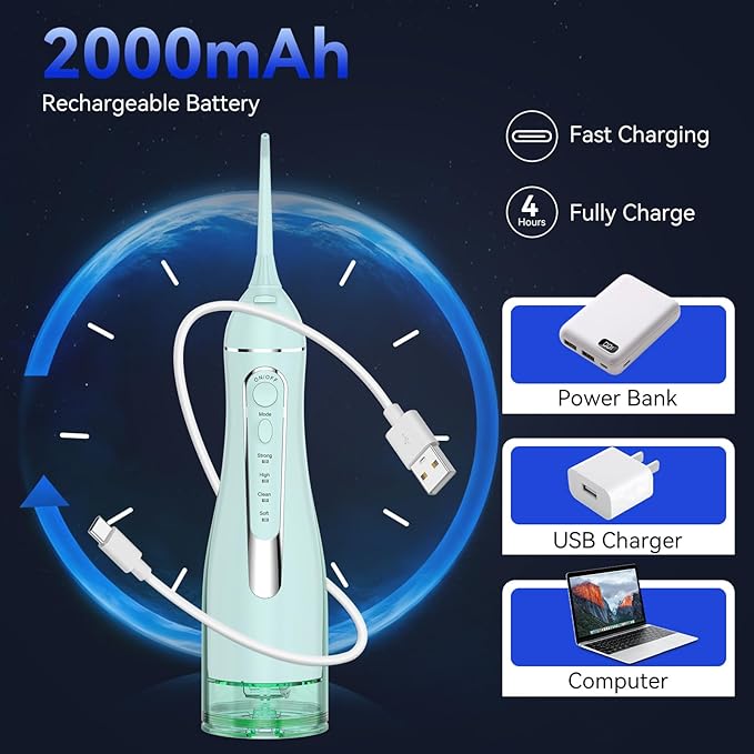 Water flossers for Teeth Pick, Portable Oral Irrigator Dental with 4 Modes 5 Jet Tips, IPX7 Rechargeable Water Tooth Flosser for Braces Sensitive Gum Care, 300ml Tank for Home Travel Use