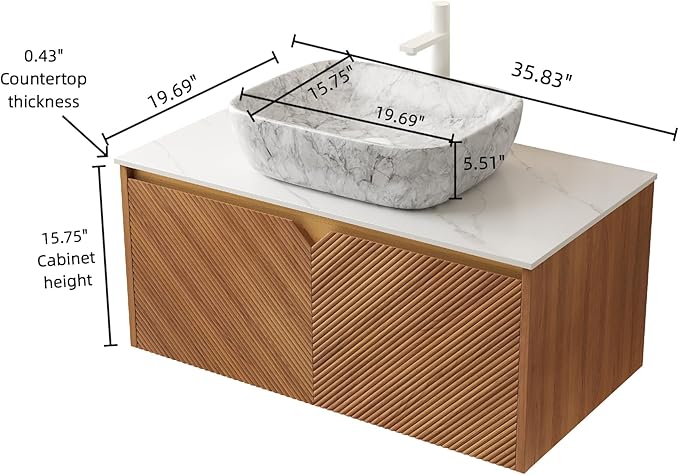 Floating Bathroom Vanity with Sink, 36 Inch Fluted Vanity with Vessel Sink, Modern Bathroom Vanity Cabinet with 2 Doors, Oval Marble Vessel Ceramic Sink & Sintered Stone Top, Oak