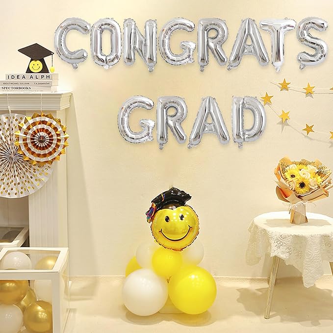 2 Set 24Pcs Silver Congrats Grad Letter Balloons 16in Balloon Foil Letter Decorations Party Decor Silver Letter Balloons Congrats Grad Party Supplies