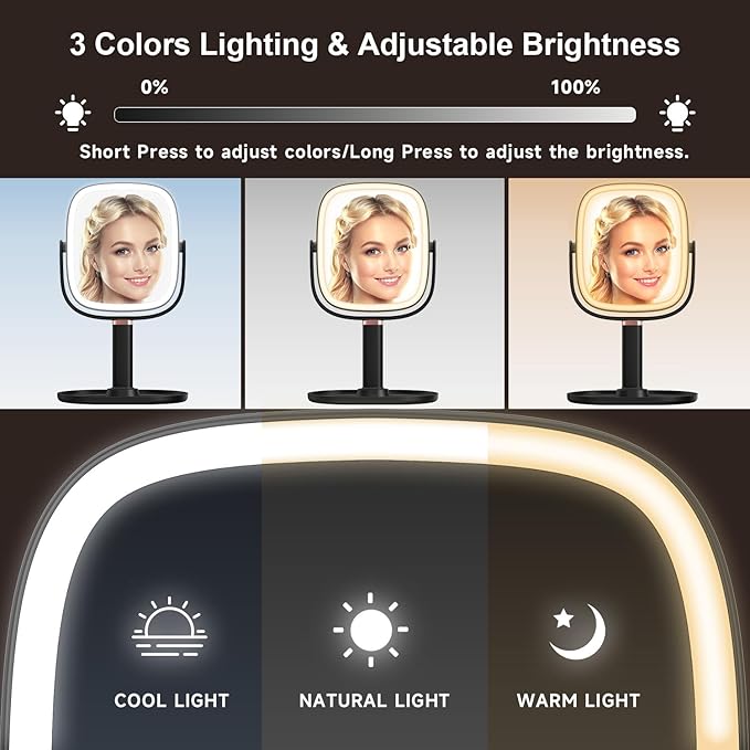 Mocado Makeup Mirror with Lights, 1X/20X Magnifying Mirror with Light, Vanity Mirror with 3 Colors Lights, Height Adjustable Lighted Makeup Mirror, Double Sided 360°Rotation, Memory Function (Black)