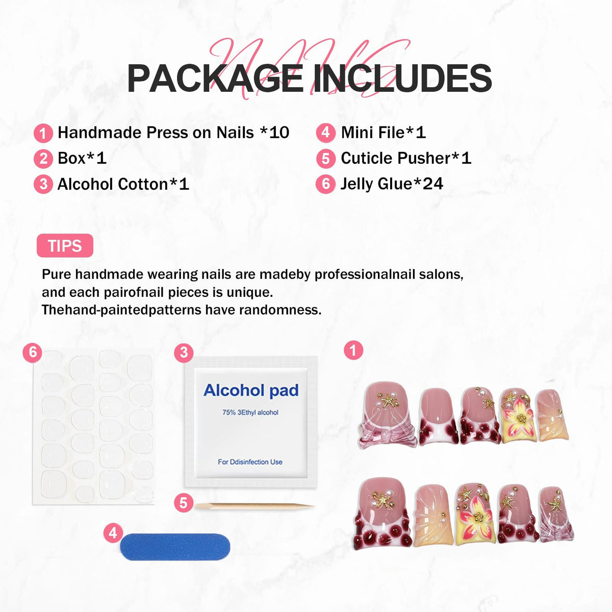 Duck Handmade Press on Nails Short Muti-Layer Gel False Nail Kit Blue Pink French Tip Fake Nails with 3D Flower Starfish and Pearl Design Luxury Artificial Full Cover Stick on Nails for Women (Size S)