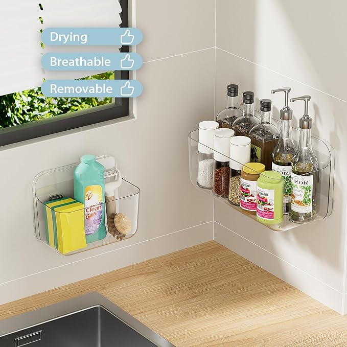 Wall Mounted Storage Organizer Bins Organizing Shelf Basket Clear Plastic Makeup Organizer Adhesive Hanging Bin Fridge Organizer for Bathroom,Kitchen,Cabinet,Pantry,Countertops (XL+L)
