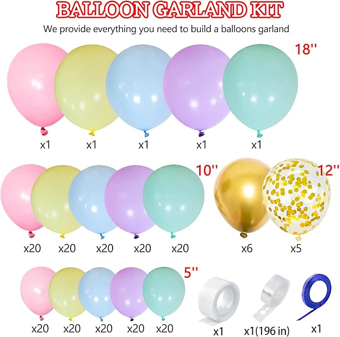 KAWKALSH 219Pcs Rainbow Balloons Garland Arch Kit Different Sizes Latex Balloons Assorted Pastel Party Balloons Arch for Birthday Baby Shower Wedding Engagement Anniversary Party Decorations