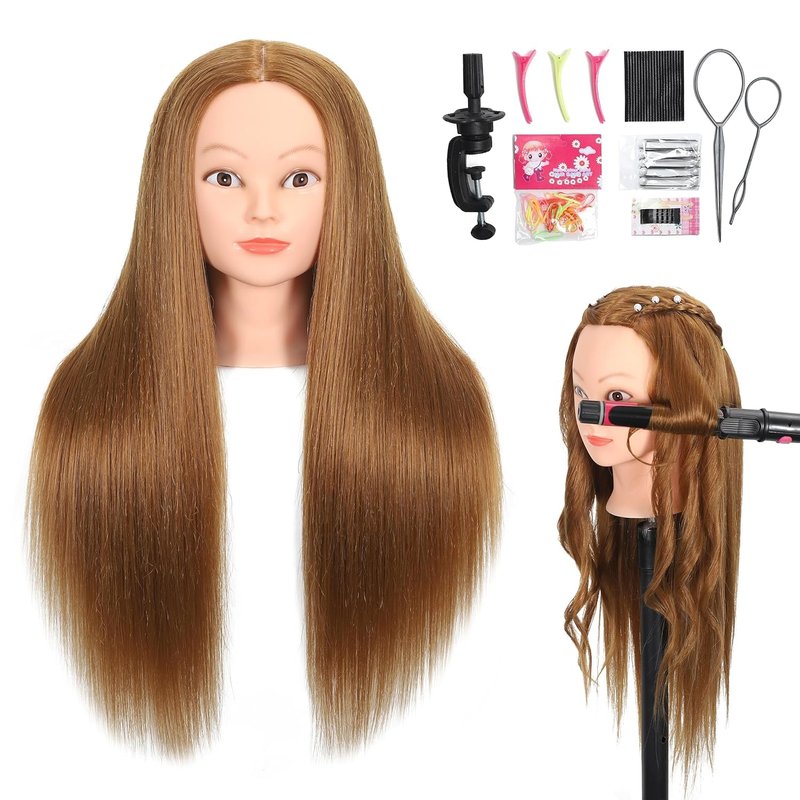 ZOMOI Mannequin Head with 80% Real Human Hair 26''-28"Cosmetology Mannequin Doll Head to Practice Hair Styles Hairdresser Practice Braiding Head(27# Light Brown)