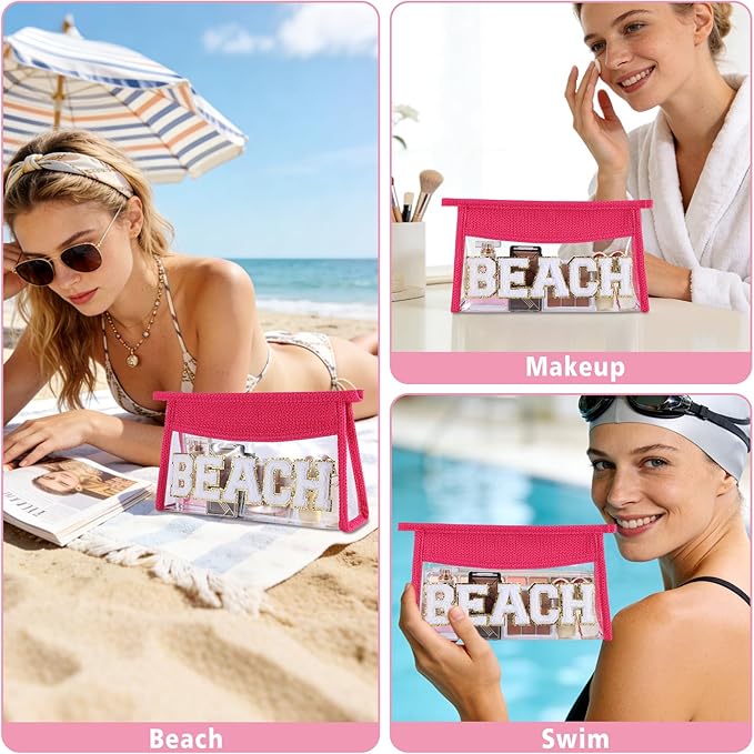 Beach Pouch Sunscreen Clear Makeup Bag Chenille Letter Beach Cosmetic Pouch Summer Essential Cute Toiletry Pouch Travel Accessories Gifts for Women
