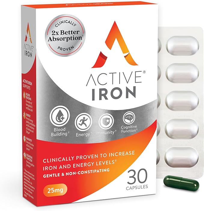 Active Iron Supplement 25mg – Clinically Proven to Increase Iron & Energy Levels – Gentle, Non-Constipating, Highly Absorbed – 30 Capsules