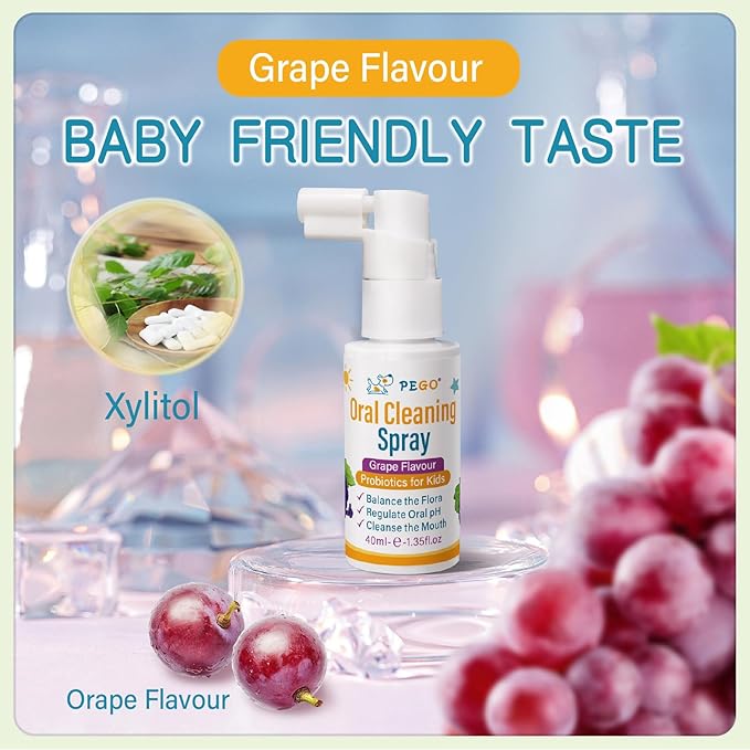 PEGO Kids Oral Spray, Toddler Toothpaste Helper for Fresh Breath，Kid's Mouth Spray with Fluoride Free for Newborn to 12 Years (2Pack, Grape)