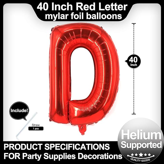40 Inch Red Letter D Balloons, DIY Phrase Foil Alphabet Letter D Balloons DIY Word D Banner for Birthday Anniversary Celebration Graduation Party Supplies Decoration