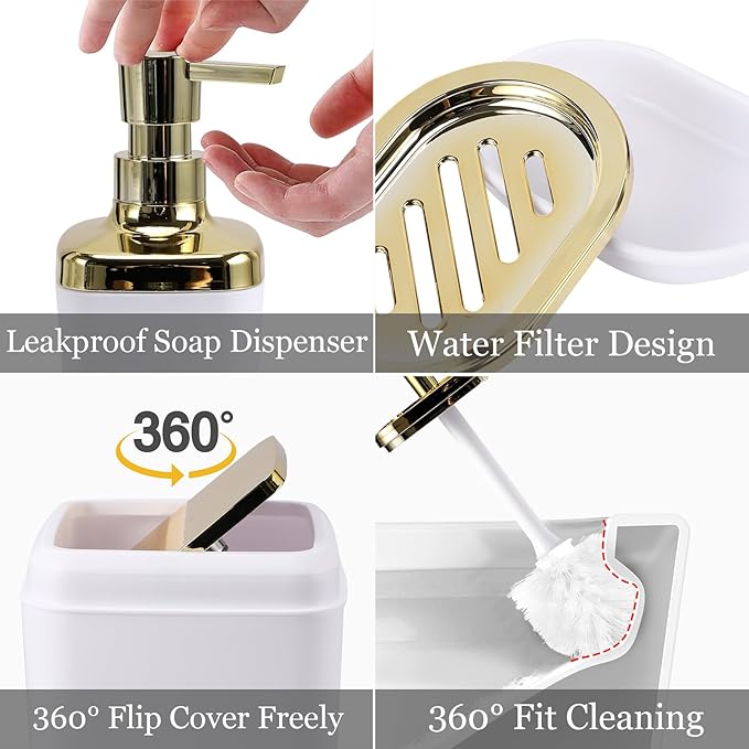 9Pcs Bathroom Accessories - White Bathroom Accessories Set with Trash Can, Soap Dispenser, Soap Dish, Toothbrush Holder, Toothbrush Cup, Toilet Brush Holder, Qtip Holders and Tray for Home