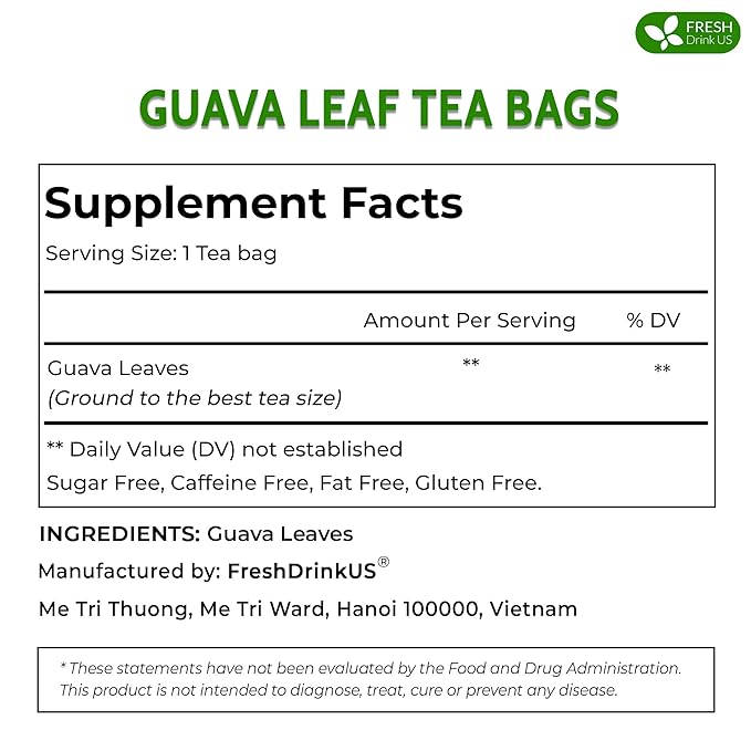 FreshDrinkUS, Premium 135 Guava Leaf Tea Bags, Handmade, From Great Origin, 100% Natural and Pure. Guava Tea, Loose Leaf Herbal Tea. No Sugar/Caffeine/Gluten, Vegan.