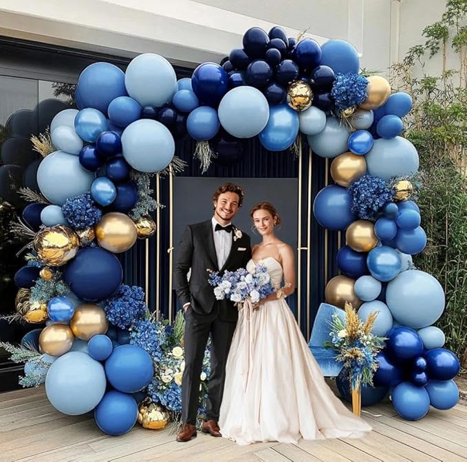 Navy Blue Gold Balloon Arch Kit - Double Stuffed Royal Dusty Blue Gold Balloon Garland Latex Pastel Dark Different Sizes for Graduation Birthday Wedding Baby Shower Anniversary Father's Day Decor