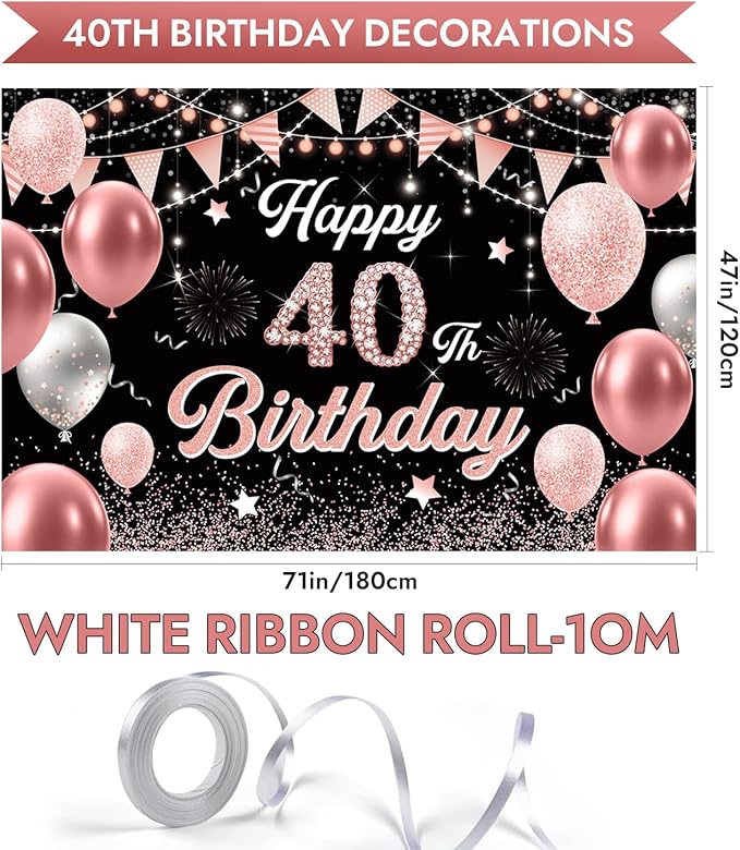 40th Birthday Decorations for Women - Happy 40th Birthday Banner Decorations Cheers to 40 Years Birthday Party Indoor and Outdoor Decoration Suppiles Pink Backdrop for 40th Birthday Party Favors Decor