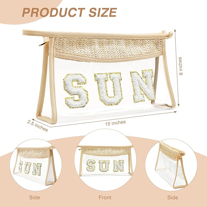 Boho Hand-woven Makeup Bag, Chenille Letter Patch Clear Travel Pouch, Rattan Straw Bag Clear Cosmetic Sunscreen Bags, Women Summer Retro Travel Beach Bag Beach Essentials (Boho_Beige-Sun)