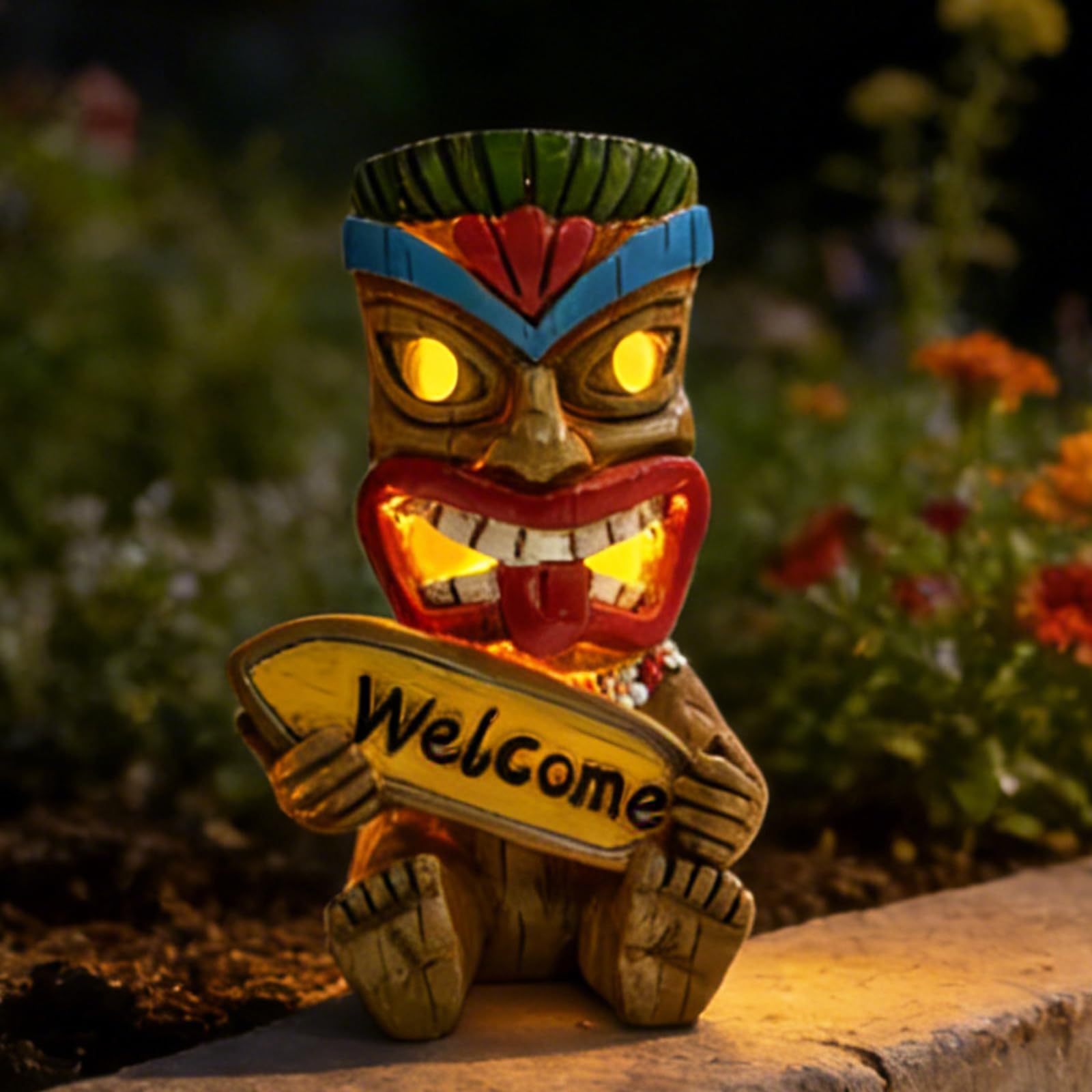 Suyorpe ﻿Miniature Tiki Garden Statue Solar Outdoor Decorations - Tiki Bar Welcome Sign Lights for Patio Yard Lawn Ornaments Gifts for Birthday Housewarming Summer 3.2''(W) x 3.4''(D) x 5.9''(H)