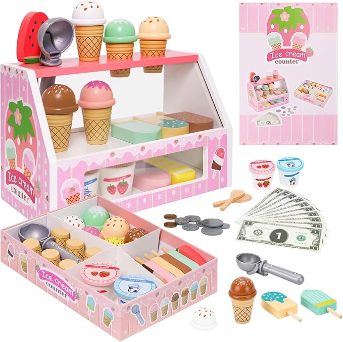 Wooden Ice Cream Toys for Kids Ice Cream Counter Shop for Toddlers Pretend Play Food Scoop and Serve with Scoop & Menu & Fake Money for Boys and Girls Ages 3 4 5 6 (Pink)