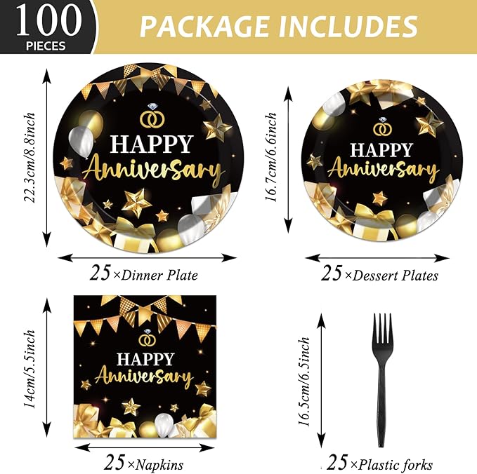 chiazllta 96 Pcs Anniversary Party Paper Plate and Napkins Gold Black Disposable Tableware Wedding Anniversary Party Supplies for 40th 50th 60th Wedding Favors 24 Guests