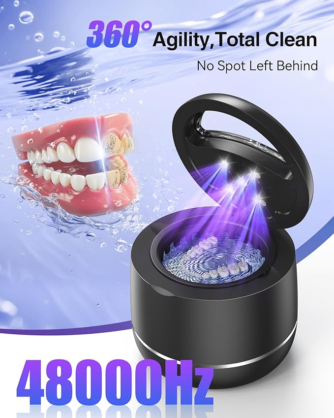 Ultrasonic Retainer Cleaner, 48kHz Denture Cleaner Machine with Dual Mode Digital Timer for Braces, Night Guard, Mouthguard, Toothbrush, Jewelry, 7.8OZ Dental Cleaning Pod