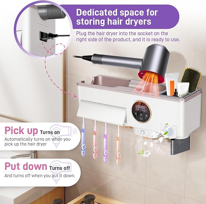 Werhoo Toothbrush Holders for Bathrooms 4 Slots. Hair Dryer Holder, UV Toothbrush Holders with Timer Function, with Hand Dryer Function,Supports Nighttime sen/SOR Lighting,Suitable for Home Bathroom