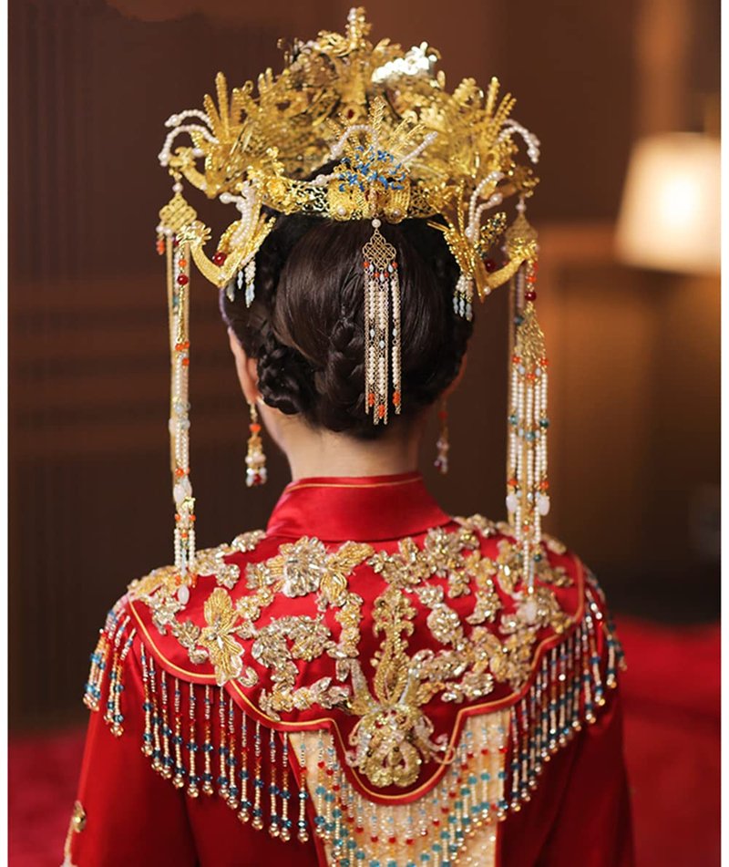 Chinese Wedding Bride Hair Accessory Chinese Crown Wedding Hair Accessories Golden Flower Floral Beaded Flapper Headband Jeweled Bridal Wedding Tiara (Phoenix)