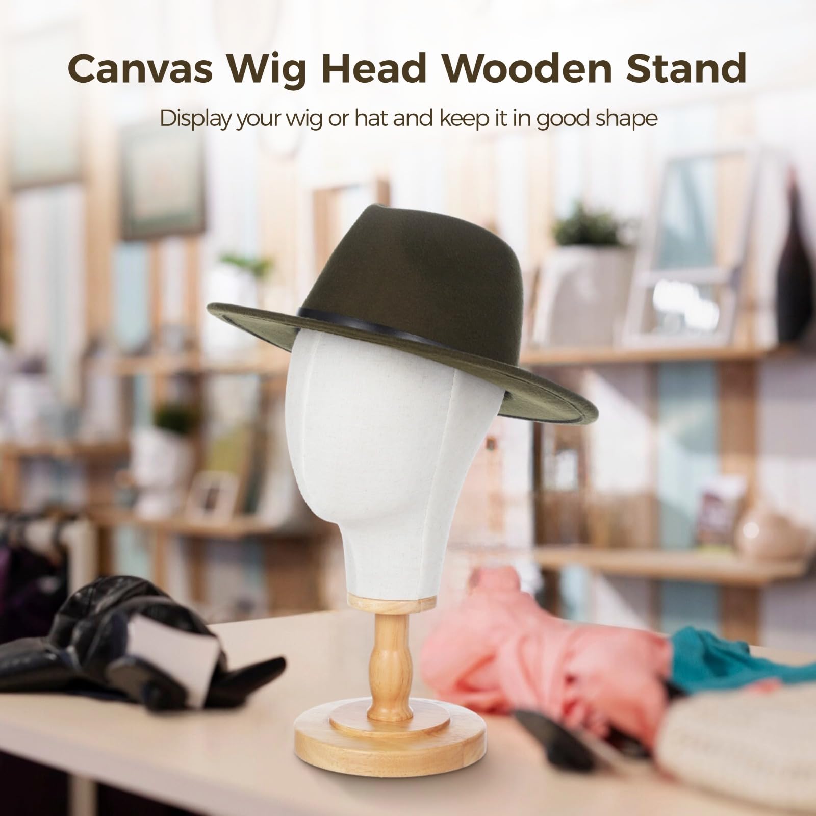 Wig Head Stand Mannequin Head Hat Display Stand Linen Wig Holder - Fabric Head Hat Display Stand, Linen Wig Holder, Canvas Hat Display Rack with Detachable Wood Base for Headdress Headband Headset