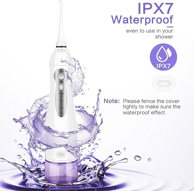 TOVENDOR Electric Water Dental Flosser Teeth Pick, Cordless Flossers Oral Irrigator IPX7 Waterproof 300ML Rechargeable Travel Water Teeth Cleaner with 5 Tips for Home Braces Care Gums Deep Cleaning
