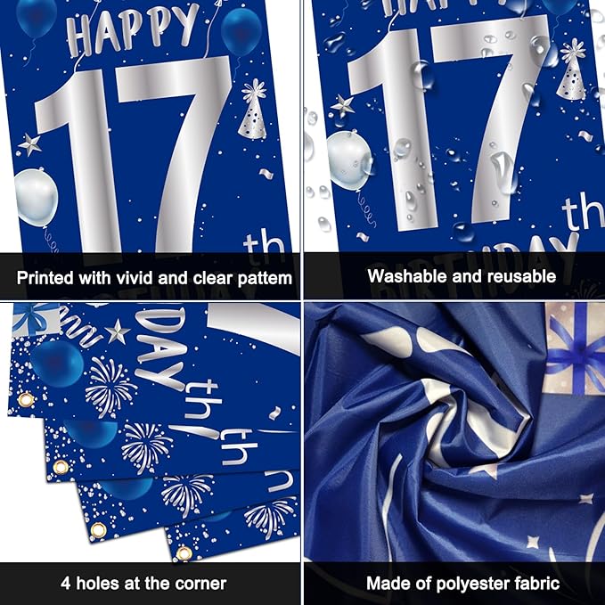 17th Birthday Decorations for Boys Girls, Blue Silver Happy 17th Birthday Party Decorations Supplies - 17th Birthday Backdrop Banner Tablecloth Triangle Flag Balloons for 17 Year Old Boy Party Decor