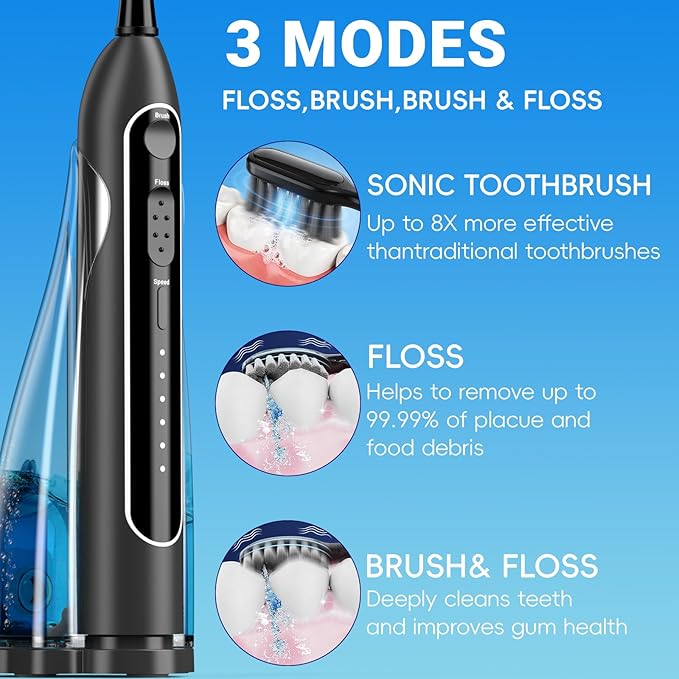 Electric Toothbrush with Water Flosser, 3-in-1 Sonic Modes, 5 Flossing Speeds with 2 Brushes + 2 Nozzles, Portable Flossing Toothbrush Combo for Adults Teeth Cleaning Kit for Travel (Black)