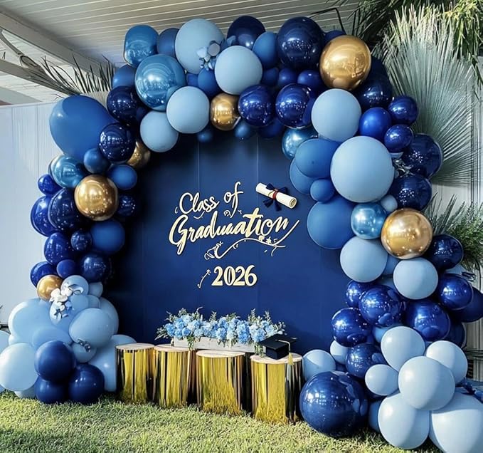 Navy Blue Gold Balloon Arch Kit - Double Stuffed Royal Dusty Blue Gold Balloon Garland Latex Pastel Dark Different Sizes for Graduation Birthday Wedding Baby Shower Anniversary Father's Day Decor