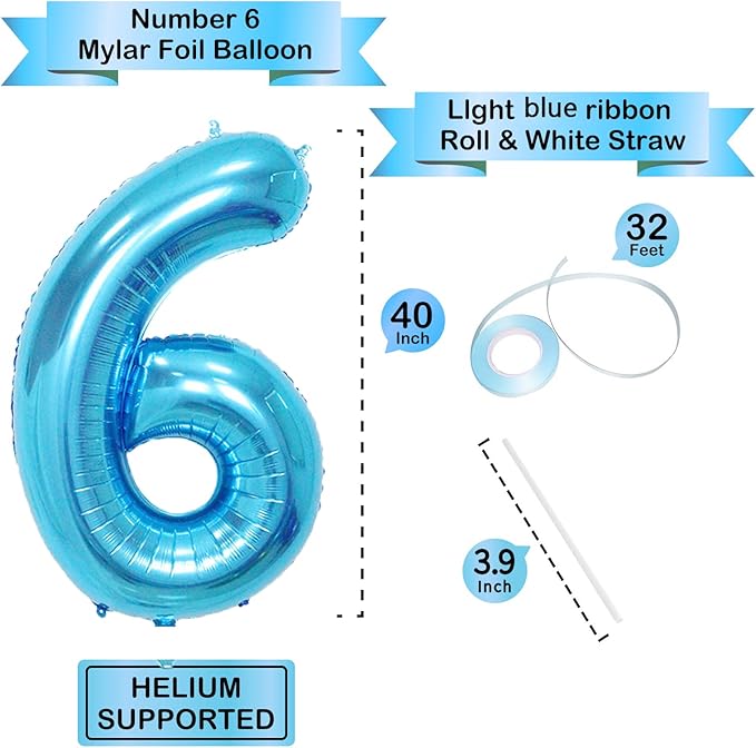 40 Inch Blue Number Balloons, Helium Mylar Foil Number Balloons for Birthdays, Number 6 Balloon for Party Wedding Bachelorette Birthday Bridal Shower Graduation Anniversary Celebration Party