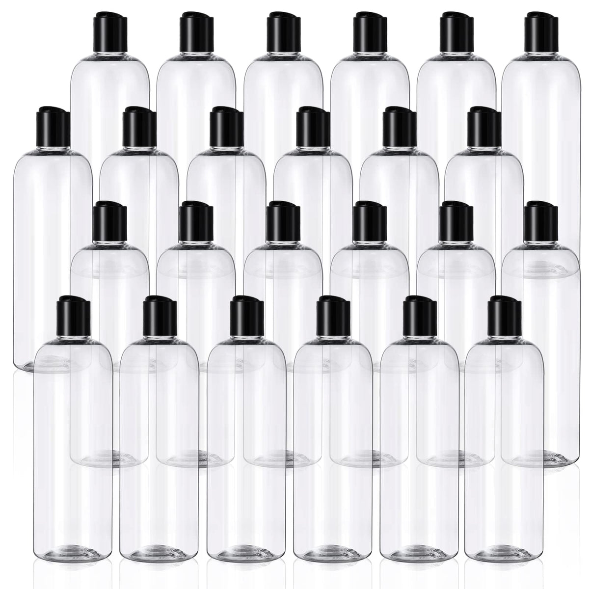Nuenen 16 oz 24 Pcs Plastic Empty Bottles Squeeze Travel Containers with Black Disc Cap Refillable Shampoo Travel Bottles for Toiletries Lotion Container for Body Soap Cream (Clear)