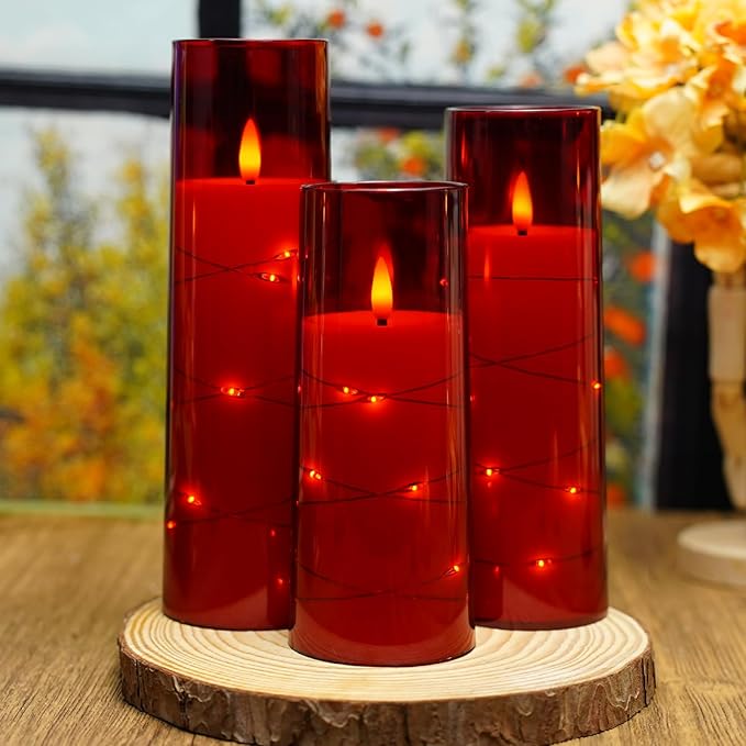 Flickering Flameless LED Candles,Battery Operated Candles 9 Pcs with Embedded Star String,Acrylic LED Pillar Candles with Remote,Suitable for Home Decoration to Create an Atmosphere（Red）