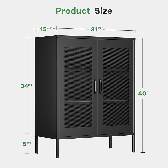 Bathroom Floor Storage Cabinet,40" H Metal Locker, Small Black Cabinets with 2 Adjustable Shelves & 4 Doors,Freestanding Sideboard,Pantry Food Cabinet for Hallway,Home Office, Kitchen