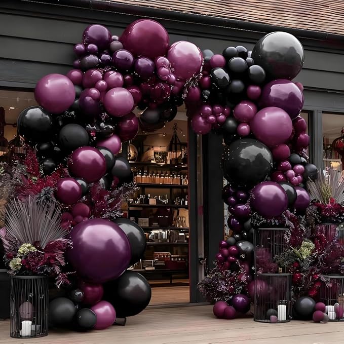Dark Purple Black Balloons Garland Double Stuffed Black Burgundy Plum Balloon Arch Kit for Gothic Birthday Bridal Shower Mother's Day Graduation Party Decorations